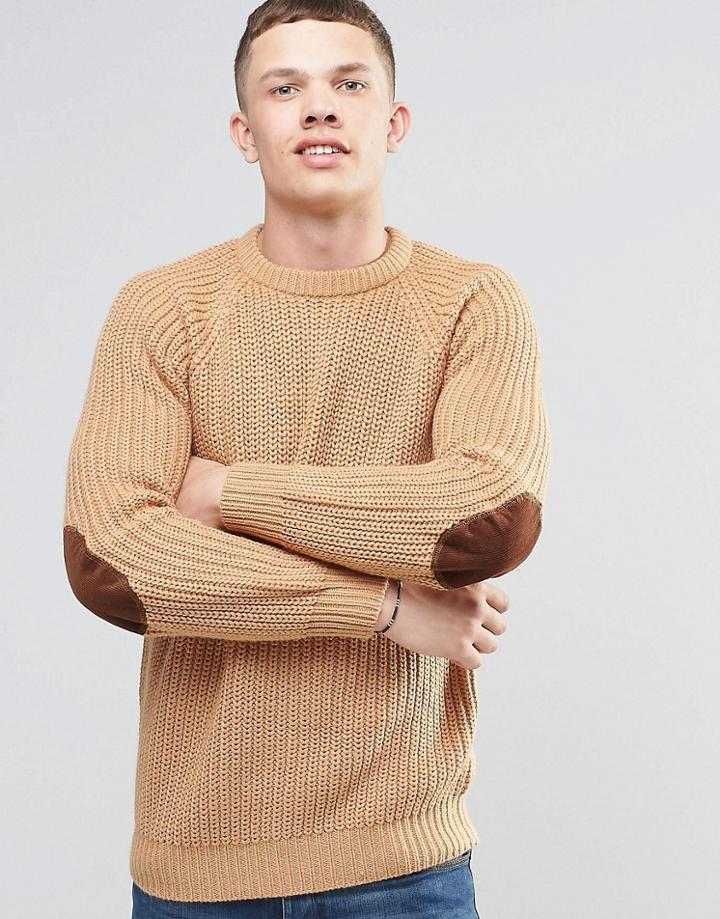 Brave Soul Fisherman Rib Sweater In Crew Neck - Brown