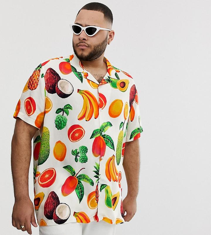 Asos Design Plus Relaxed Fit Shirt With Fruit Print-white
