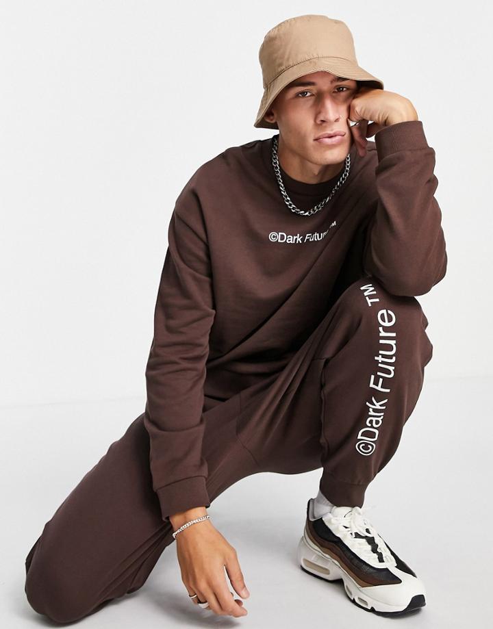 Asos Dark Future Set Oversized Sweatshirt With Chest Print Logo In Chocolate Brown