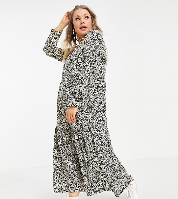 Asos Design Curve Long Sleeve Tiered Smock Midi Dress In Animal Print-multi