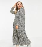 Asos Design Curve Long Sleeve Tiered Smock Midi Dress In Animal Print-multi