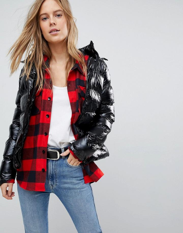 Brave Soul Monroe High Shine Short Padded Coat With Detachable Hood - Black