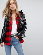 Brave Soul Monroe High Shine Short Padded Coat With Detachable Hood - Black