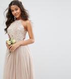Maya High Neck Midi Tulle Dress With Tonal Delicate Sequins - Brown