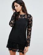 Zibi London Lace Long Sleeve Shift Dress - Black