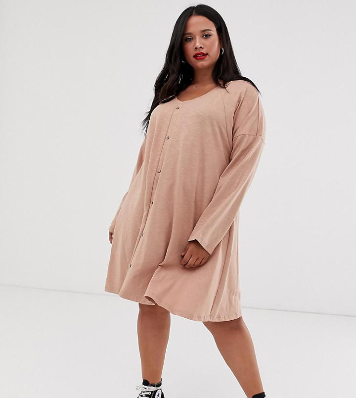 Asos Design Curve Slub Mini Button Through Swing Dress-pink