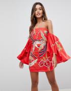 Asos Bardot Mini Dress With Embroidery - Multi