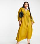 Asos Design Curve Batwing Sleeve Elastic Waist Maxi Dress In Ocher-yellow