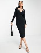 Topshop Premium Jersey Rib Midi Dress With Keyhole And Tie Neck In Black