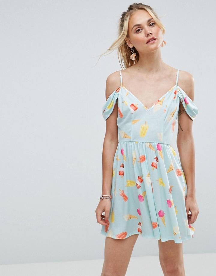 Asos Cold Shoulder Skater Sundress In Ice Cream Print - Multi