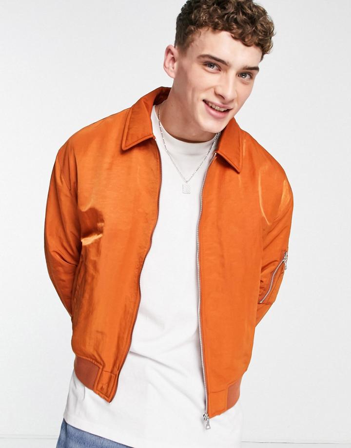 Asos Design Washed Oversized Bomber Jacket With Ma1 Pocket In Rust-yellow