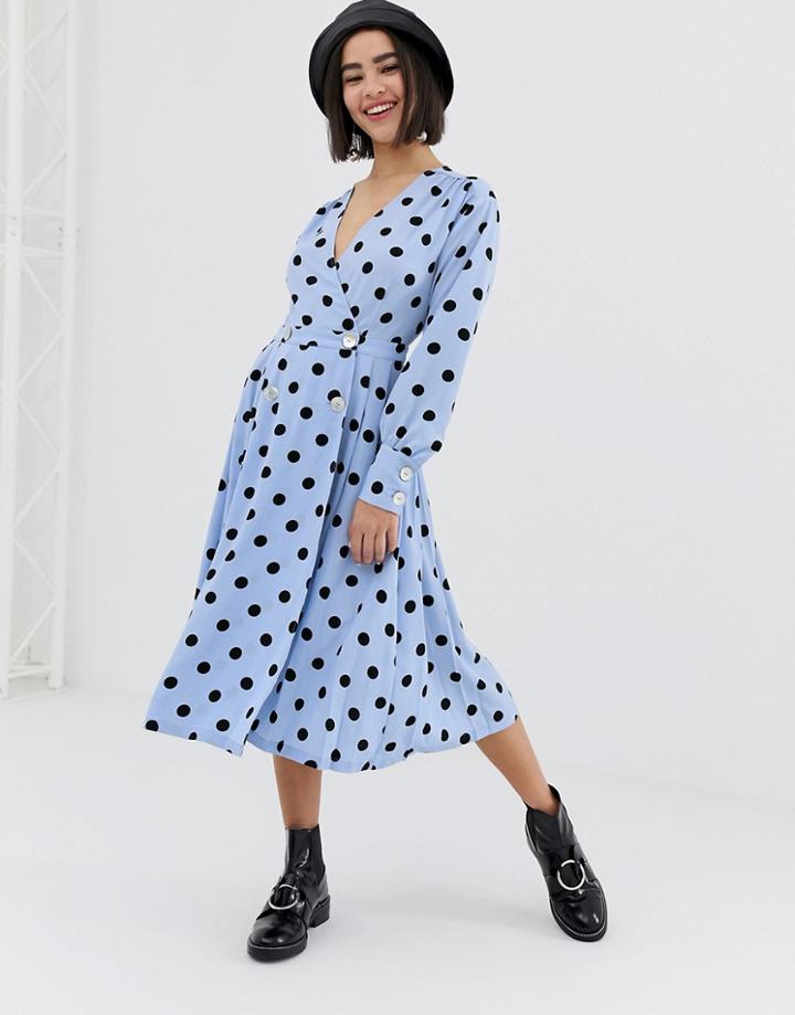 Monki V-neck Midi Dress With Button Details And Polka Dot Print - Blue