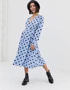 Monki V-neck Midi Dress With Button Details And Polka Dot Print - Blue