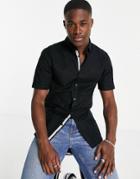 River Island Short Sleeve Muscle Fit Oxford In Black