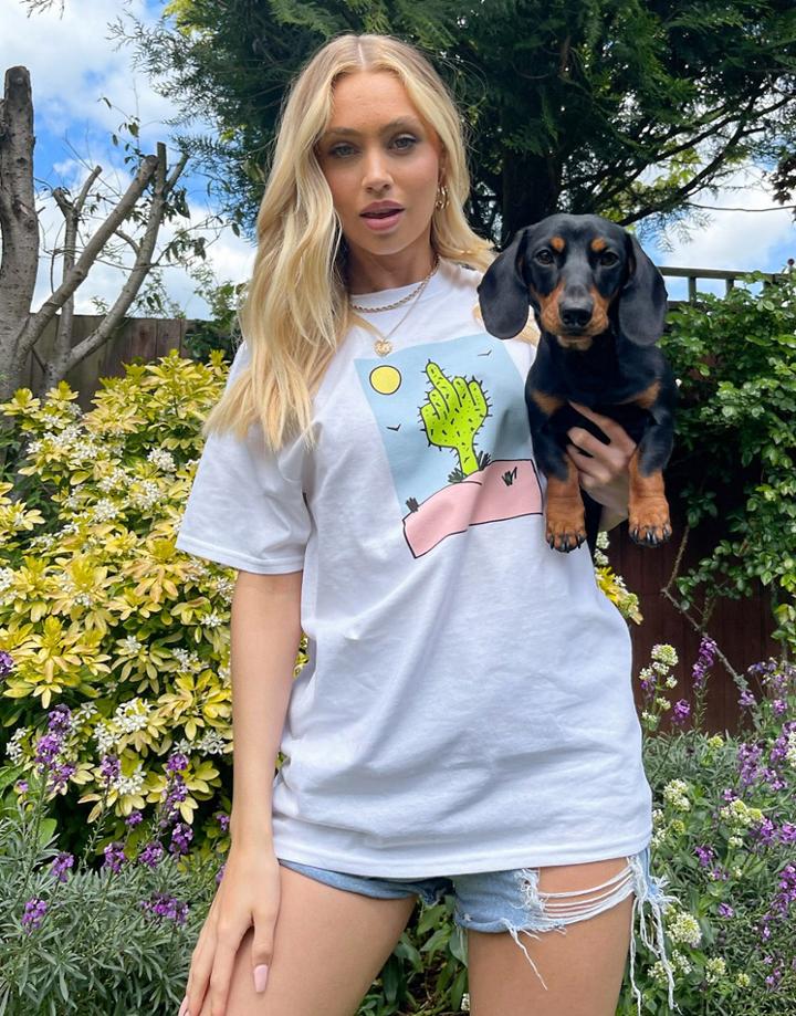 New Love Club Oversized T-shirt With Cactus Graphic Print In White