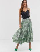 Asos Design Satin Pleated Midi Skirt In Snake Print - Multi