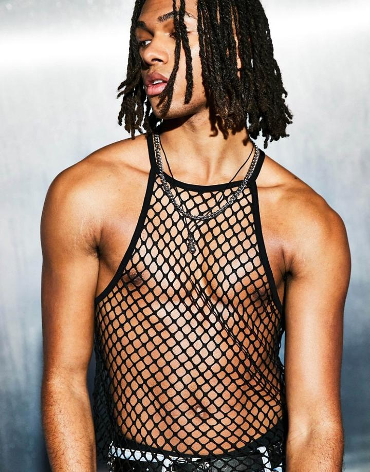 Asos Design Skinny High Neck Tank Top In Black Mesh