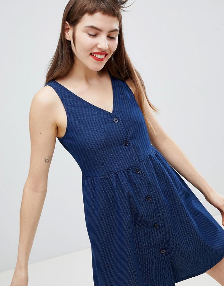Monki Polka Dot Button Through Smock Dress In Navy - Blue