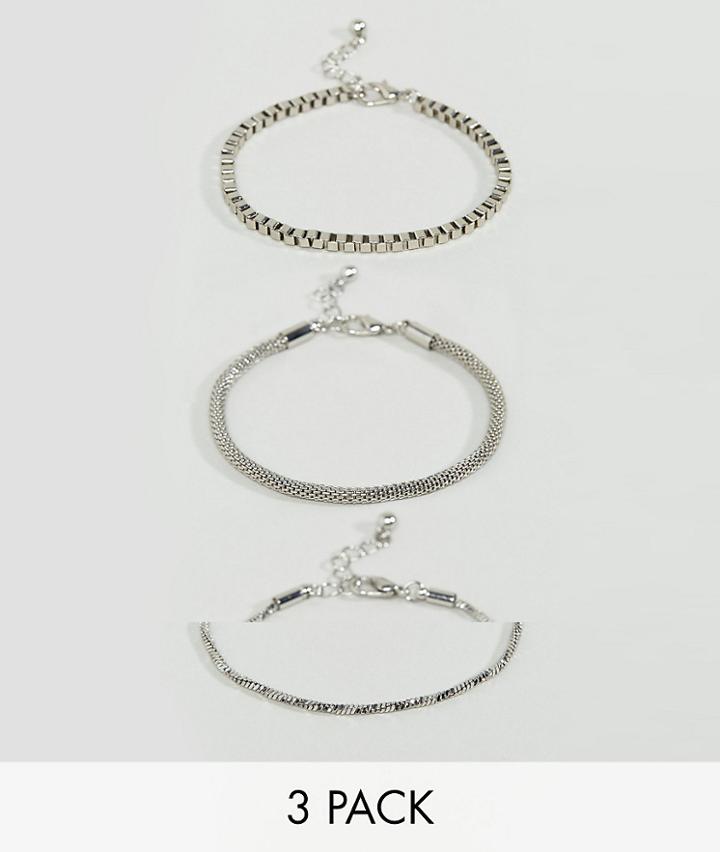 Asos Pack Of 3 Twisted And Box Chain Bracelet - Silver
