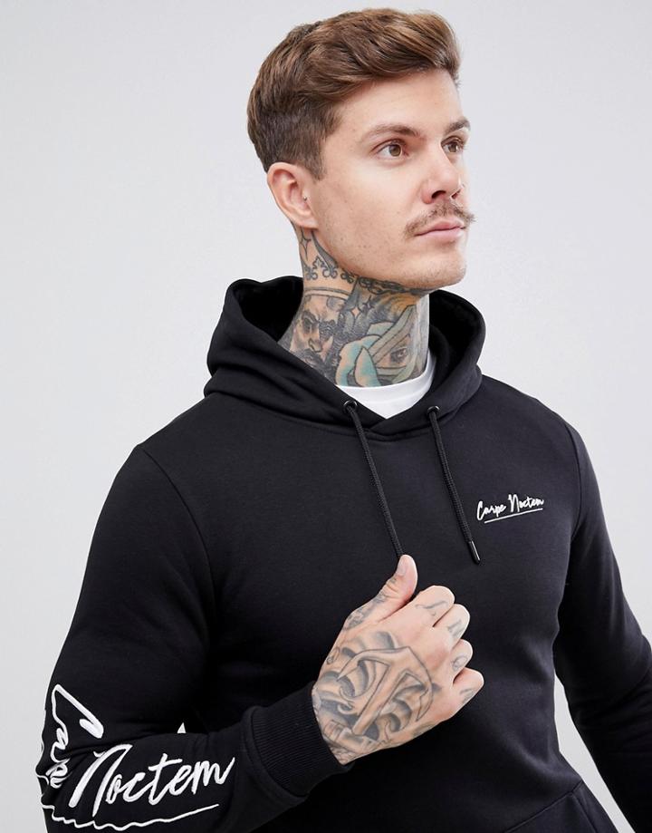 River Island Hoodie With Carpe Noctem Print In Black - Black