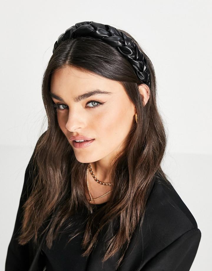 Asos Design Braided Headband In Leather Look-black