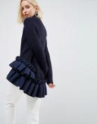 Asos White Woven Pleat Hem Roll Neck Sweater - Navy