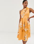 Asos Design Floral Off Shoulder Prom Midi Dress-orange