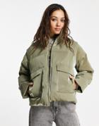 Topshop Sheen Puffer Jacket With Removeable Sleeves In Khaki-green