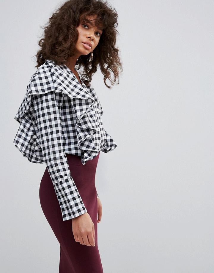 Neon Rose Gingham Ruffle Blouse - Black