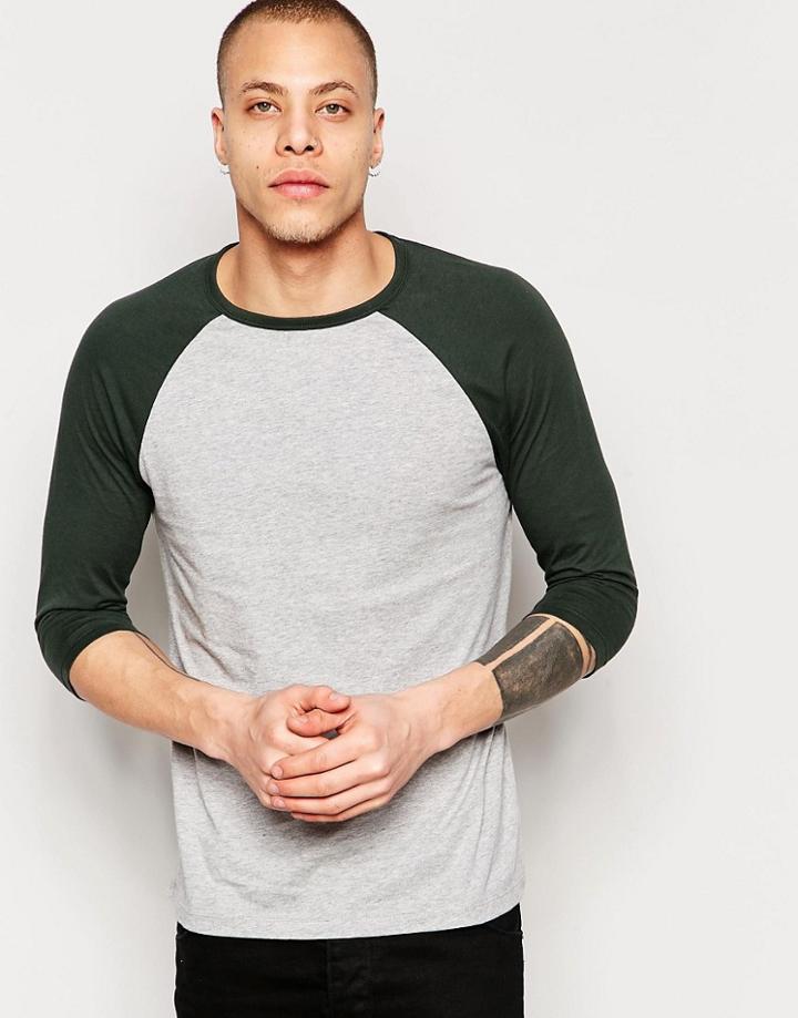 Asos 3/4 Sleeve T-shirt With Contrast Raglan - Gray