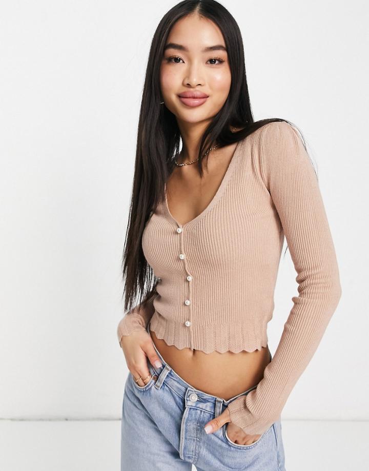 Miss Selfridge Long Sleeve Faux Pearl V-neck Rib Top In Camel-neutral
