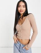 Miss Selfridge Long Sleeve Faux Pearl V-neck Rib Top In Camel-neutral
