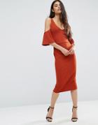 Asos Crepe Cold Shoulder Fluted Sleeve Midi Dress - Red