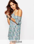 Milk It Vintage Dress With Cold Shoulder And Strappy High Neck In Large Floral - Navy