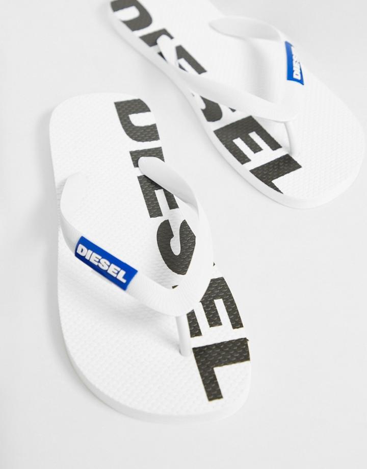 Diesel Logo Flip Flops In White - White
