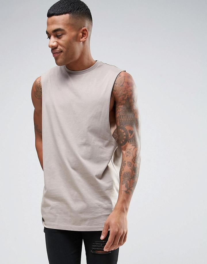 Asos Longline Sleeveless T-shirt With Dropped Armhole In Gray - Brown