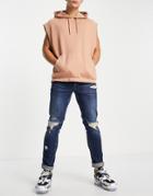 Asos Design Skinny Jeans In Dark Wash With Heavy Rips-blues