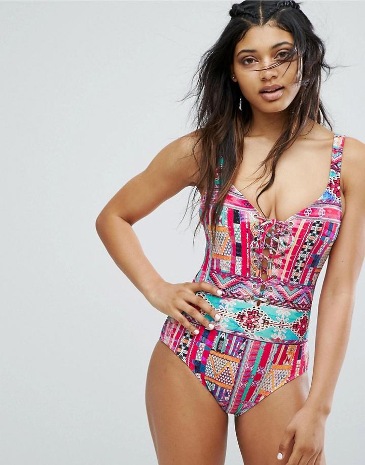 Seafolly Beach Bazaar Lace Up Maillot Swimsuit - Multi