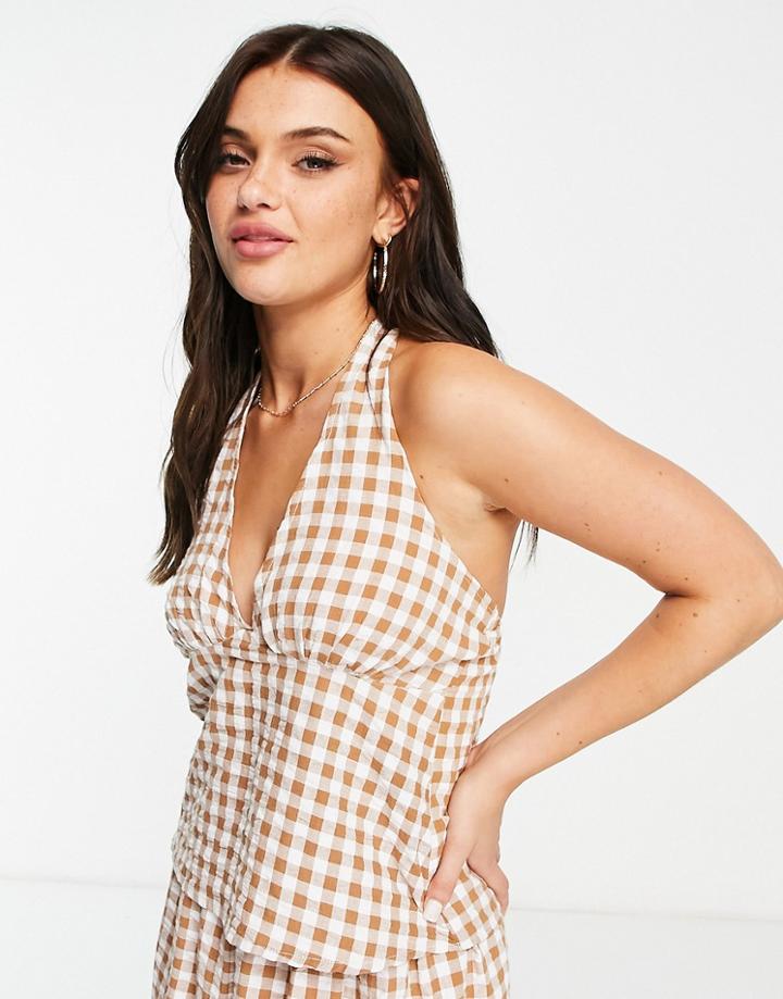 Influence Halter Neck Top In Beige Gingham-neutral