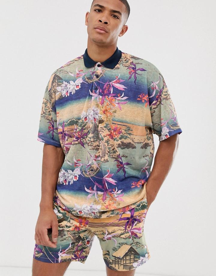 Asos Design Two-piece Oversized Polo With All Over Souvenir Print - Multi