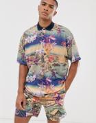 Asos Design Two-piece Oversized Polo With All Over Souvenir Print - Multi