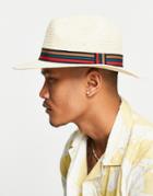 Asos Design Straw Fedora Hat With Striped Band And Size Adjuster-neutral