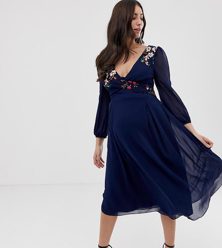 Little Mistress Maternity Floral Embroidered Midi Skater Dress In Navy - Navy