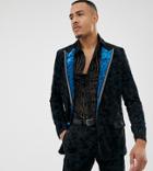 Asos Edition Tall Slim Tuxedo Jacket In Teal Burnout Velvet - Blue