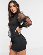 Asos Design Organza Spot Rib High Neck Mini Dress In Black