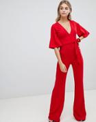 Missguided Plunge Kimono Sleeve Jumpsuit - Red