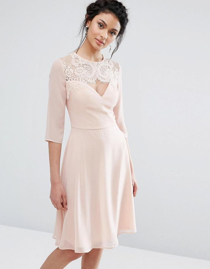 Elise Ryan Lace Sweetheart Midi Dress With 3/4 Sleeve - Pink