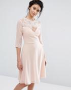 Elise Ryan Lace Sweetheart Midi Dress With 3/4 Sleeve - Pink