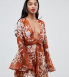 Boohoo Petite Chiffon Knot Front Dress In Rust Floral - Multi