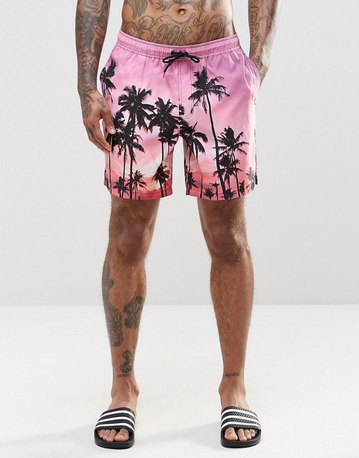 Asos Swim Shorts With Palm Tree Scene In Mid Length - Pink